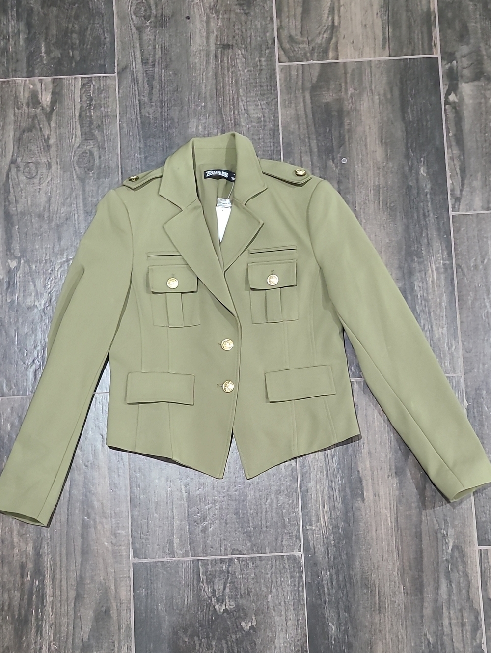 New York & Company Light Olive Military-Inspired Blazer with Gold Buttons
